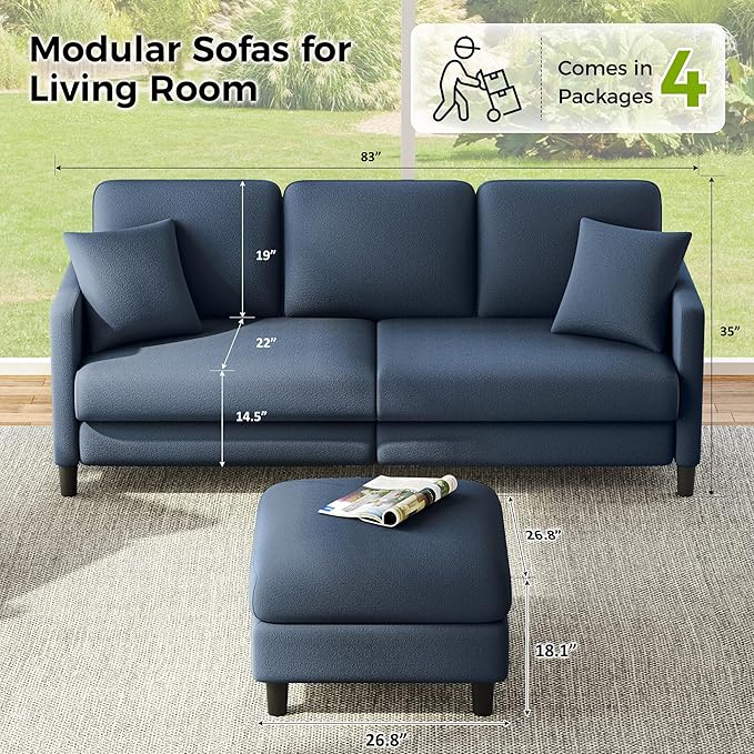 83" Couches for Living Room, Comfy Sofas for Living Room with Storage Ottomans, Teddy Sofa Couch, Tool-Free Loveseat Sofa, All-Wood Love Seat Couches, U Shaped Couch Pillows Include, Blue Grey