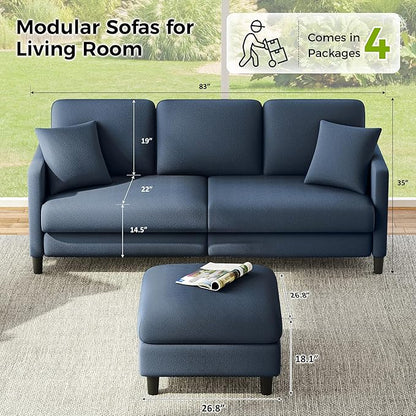 83" Couches for Living Room, Comfy Sofas for Living Room with Storage Ottomans, Teddy Sofa Couch, Tool-Free Loveseat Sofa, All-Wood Love Seat Couches, U Shaped Couch Pillows Include, Blue Grey