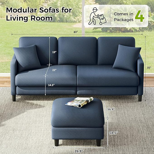 83" Couches for Living Room, Comfy Sofas for Living Room with Storage Ottomans, Teddy Sofa Couch, Tool-Free Loveseat Sofa, All-Wood Love Seat Couches, U Shaped Couch Pillows Include, Blue Grey
