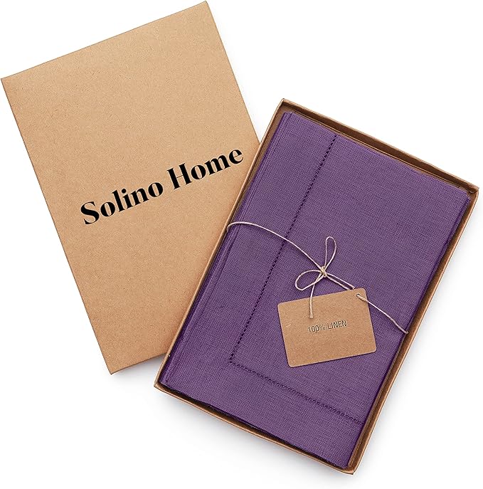 Solino Home Purple Linen Napkins Set of 6-100% Pure Linen Hemstitch Dinner Napkins 20 x 20 Inch for Fall, Autumn, Christmas, New Year - Classic Hemstitch