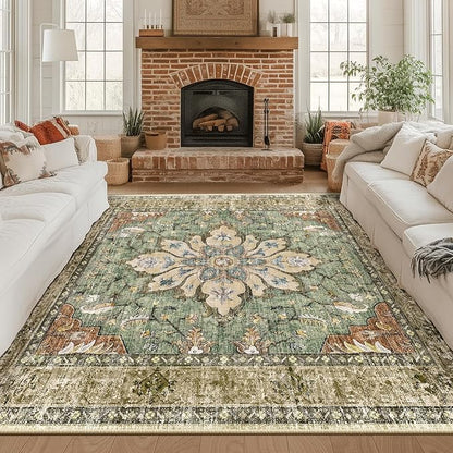 Area Rugs Square 8ft Washable Non-Slip, Floral Vintage Distress Print Pattern Medallion Carpet for Living Room Bedroom Dining Room, Brick Red Rust Neutral Brown Burnt Orange Green