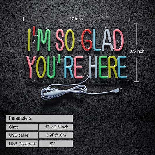 I'm So Glad You're Here Neon Sign for Classroom Wall Décor Dimmable LED Neon Light USB Powered Neon Art Signs Decor