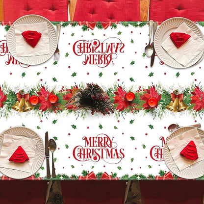 QZYL 4 Pack Christmas Table Cloths, 54" x 108" Xmas Decorations, Poinsettia Bow Design Christmas Plastic Tablecloth Holiday Disposable Tablecover, Holiday Party Decor Xmas Table Decor