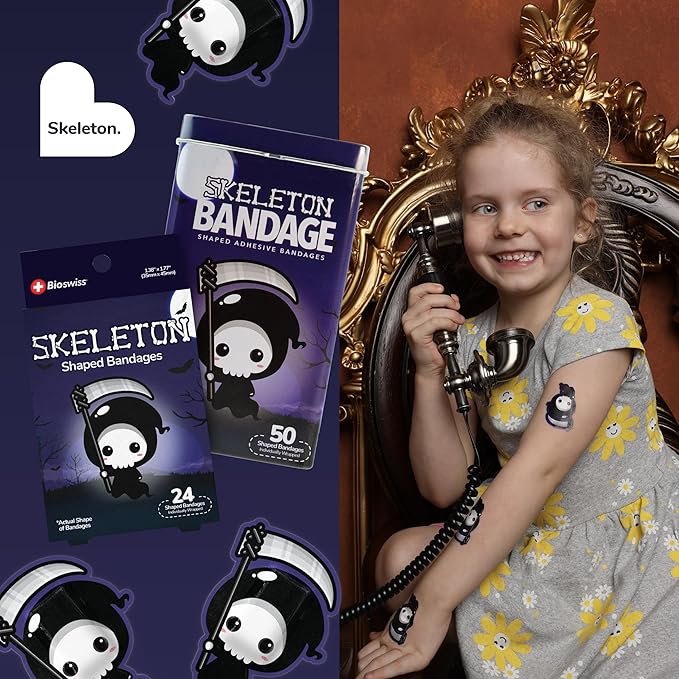 BioSwiss Kids Bandages, Halloween Skeleton Shaped Self Adhesive Bandage Set, Latex Free, Sterile Wound Care, 50 Count