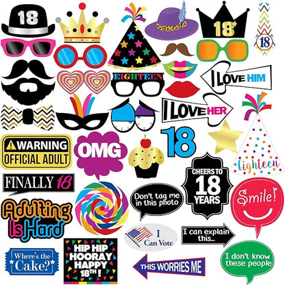 18th Birthday Photo Booth Party Props - 40 Pieces - Funny 18th Birthday Party Supplies, Decorations and Favors