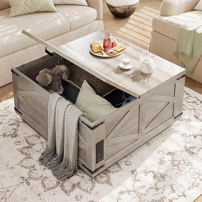 Farmhouse Lift Top Coffee Table, Square Wood Center Table with LED Lighting, USB-C Charging Station, and Hidden Storage Compartment - Rustic Grey Living Room Furniture