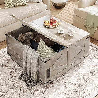 Farmhouse Lift Top Coffee Table, Square Wood Center Table with LED Lighting, USB-C Charging Station, and Hidden Storage Compartment - Rustic Grey Living Room Furniture