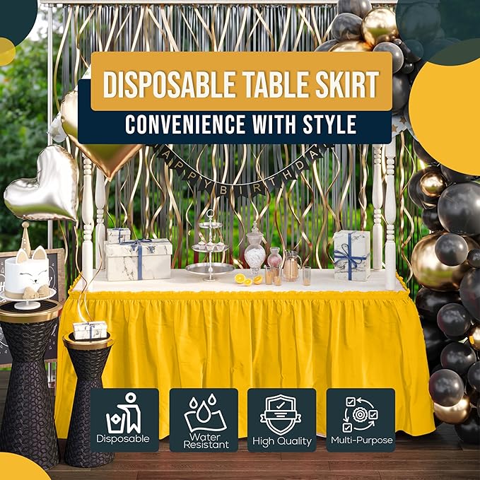 Exquisite Ruffle Table Skirt Yellow 14 Ft Long for Rectangle Tables 6ft Plus or Round Tables with Adhesive Strip for Gender Reveal Decor and Happy Birthday Parties, 2 Pack