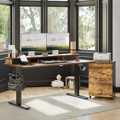 TIQLAB Standing Desk with Two Drawers, Stand Up Standing Desk Adjustable Height, Electric Sit Stand Table with Storage Shelf and Splice Board, 63 * 24 inch, Rustic Brown
