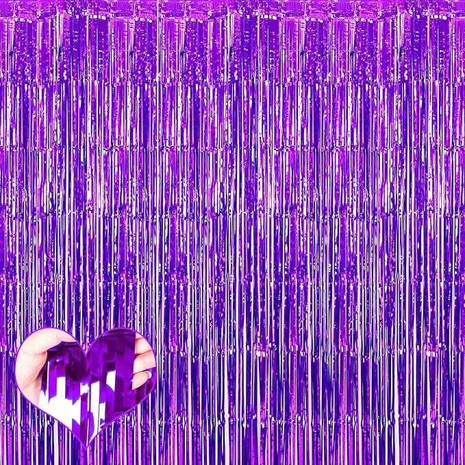 4 Pack Purple Fringe Curtain Backdrop, 3.2Ft x 8.2Ft Metallic Tinsel Foil Fringe Streamers Background for Photo Booth Birthday Wedding Baby Shower Carnival Easter Mother’s Day Party Decorations