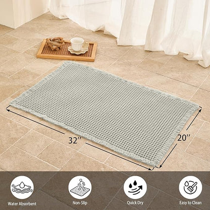 Waffle Bath Mat Non Slip, Boho Bathroom Rug, Super Absorbent Quick Dry Bathroom Mat, Soft Farmhouse Bath Rug with Tassels, Small Washable Shower Mats for Floor 20"x32", Light Grey