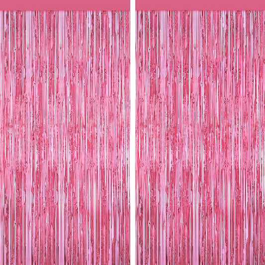Pink Tinsel Backdrop Foil Fringe Curtains - 2 Packs Door Streamers Backdrop for Birthday Door Decorations, Party Supplies for Bachelorette, Graduation, Christmas, Disco Decor
