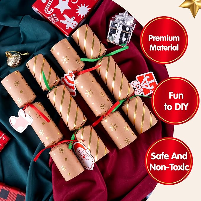 JOYIN 8 Pcs 10” Christmas Non-Snap Party Table Favor with Classic Design, with Party Hat, Joke & Little Gift Inside, for Xmas Gift, Christmas Seasonal Holiday Dinner Traditions