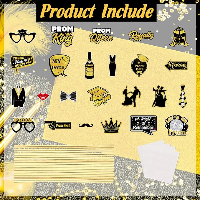 24 Pieces Black Gold Prom Photo Booth Props Kit, Graduation Party Decorations Supplies for Prom Night, Themed Dance & Senior High School Decor