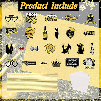 24 Pieces Black Gold Prom Photo Booth Props Kit, Graduation Party Decorations Supplies for Prom Night, Themed Dance & Senior High School Decor
