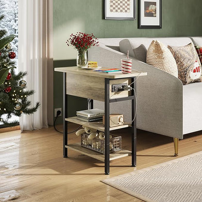 WLIVE End Table with Charging Station, Flip Top Narrow Side Table with Storage Shelf, Small Nightstand with USB Ports and Outlets,Bedside Table for Living Room, Bedroom,11.81" D x 23.62" W x 24.33" H