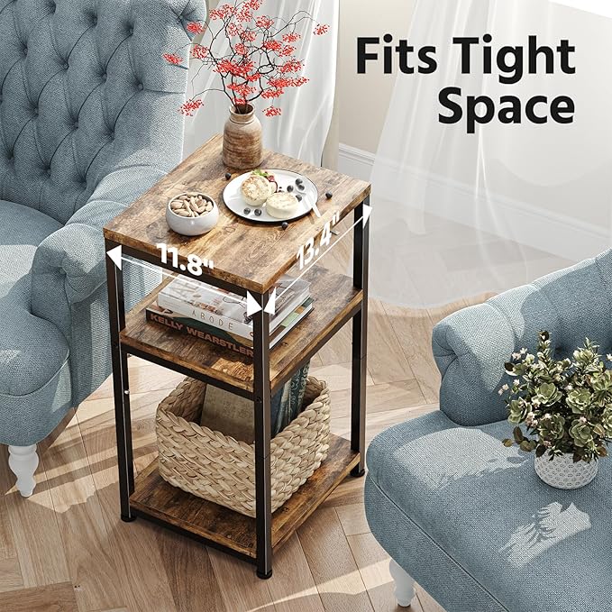 Simple Trending 3 Tier Side Table, End Table Night Stand Sofa Table Shelf for Living Room, Rustic Brown