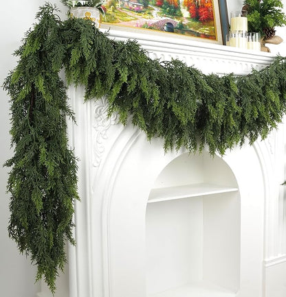 Artificial Cedar Garland, Realistic Green Pine Garland for Indoor & Outdoor Christmas Decorations, Lifelike Cedar Greenery for Mantle, Table, Staircase, and Wall (9FT(1 PC))