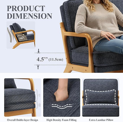 Accent Chair Set of 2 with Solid Wood Frame, Mid-Century Relaxing Armchair Lumbar Pillow& Soft Cushion, Reading Leisure Chair for Living Room, Bedroom, Waiting Room-Blue
