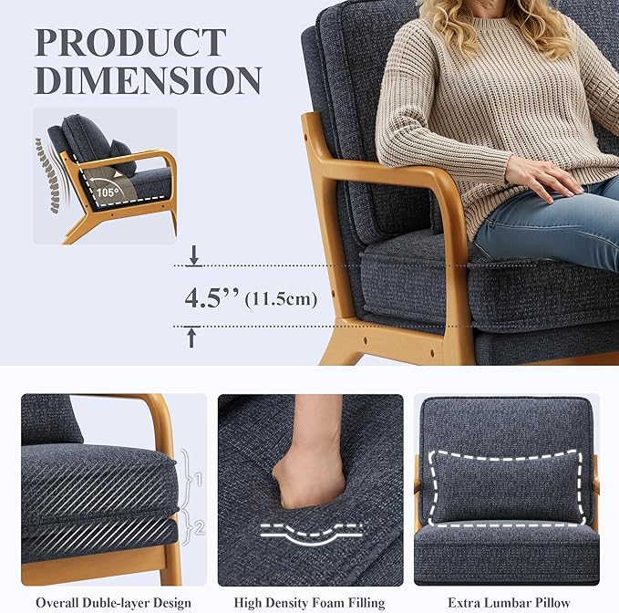 Accent Chair with Solid Wood Frame, Mid-Century Relaxing Armchair Lumbar Pillow& Soft Cushion, Reading Leisure Chair for Living Room, Bedroom, Waiting Room-Blue