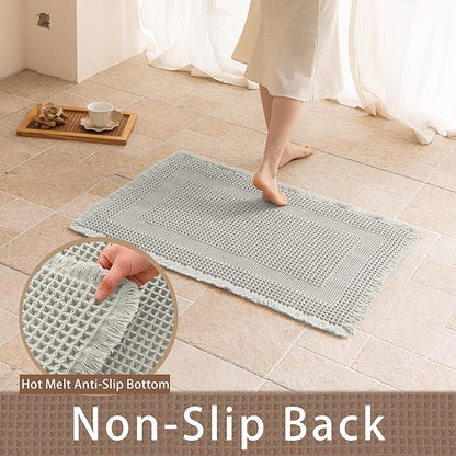 Waffle Runner Rug Non Slip, Boho Bath Mat, Super Absorbent Quick Dry Long Bath Runner Bathroom, Soft Farmhouse Bath Rug with Tassels, Washable Shower Mats for Floor 24"x72", Square Light Grey