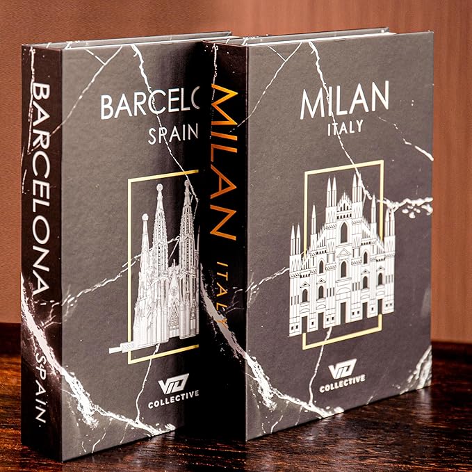 Decorative Book Milan/Barecelona (Black) Fake Books w/ Hidden Storage for Coffee Table, Bookshelf or Mantle decor w/ Magnet Closure - Aesthetic Book Decor for Living room, Bedroom, Entry Way, Keepsake