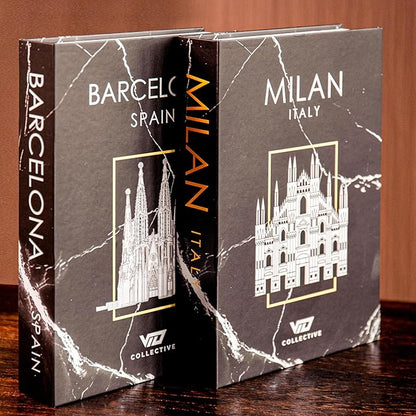 Decorative Book Milan/Barecelona (Black) Fake Books w/ Hidden Storage for Coffee Table, Bookshelf or Mantle decor w/ Magnet Closure - Aesthetic Book Decor for Living room, Bedroom, Entry Way, Keepsake