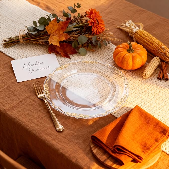 U-QE 100PCS Clear Gold Christmas Plastic Plates - Disposable Heavy Duty Clear Plates with Gold Rim Including 50PCS 10'' & 50PCS 7.5'' Perfect for Christmas, Party, Weddings