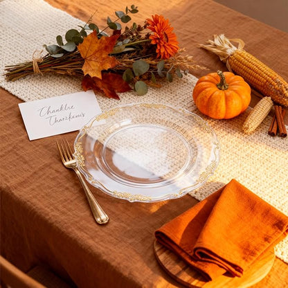 U-QE 100PCS Clear Gold Christmas Plastic Plates - Disposable Heavy Duty Clear Plates with Gold Rim Including 50PCS 10'' & 50PCS 7.5'' Perfect for Christmas, Party, Weddings