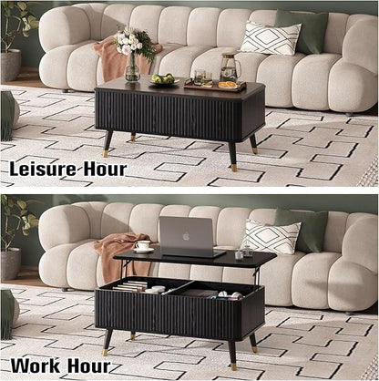 Lift Top Coffee Table with Storage, Modern Black Fluted Design, Pop-Up Center Table with Hidden Compartment for Living Room & Home Office Work/Dining
