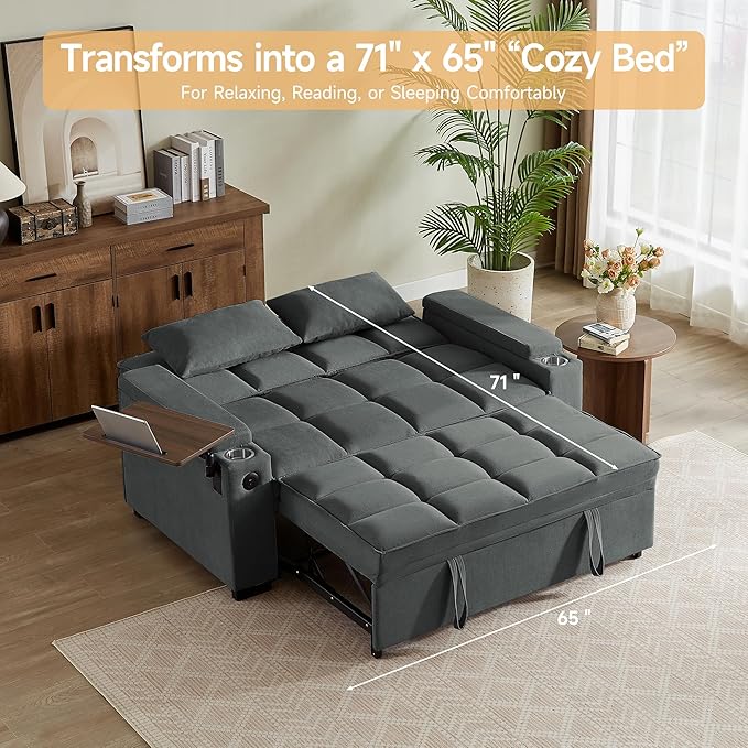 66" Multi-Functional Pull-Out Sofa Bed with Hidden Side Table, Storage Armrests, Built-in Charging Port, Spring Mattress, Solid Wood Frame – Ideal for Small Spaces, Easy Assembly