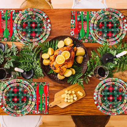 Avezano 192 Pcs Christmas Paper Plates and Napkins Merry Chirstmas Party Tableware Decorations Plaid Christmas Tree Disposable Dinnerware Set Serve 24 (Red)