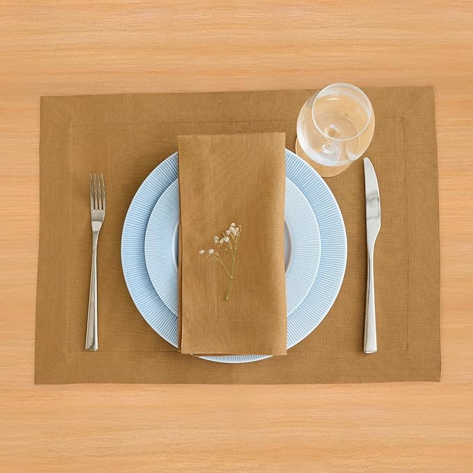 Solino Home Linen Napkins Set of 4-100% Pure Linen Caramel Dinner Napkins Cloth 20 x 20 Inch for Fall, Autumn - Fete, Handcrafted and Machine Washable