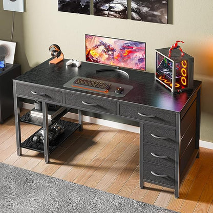 Huuger Computer Desk with 6 Drawers, Office Desk with Shelves, Reversible Gaming Desk, Corner Desk with Storage, Work for Home Office, Study, Living Room, 47inch, Black