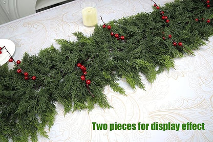 Artificial Cedar Garland, Realistic Green Pine Garland for Indoor & Outdoor Christmas Decorations, Lifelike Cedar Greenery for Mantle, Table, Staircase, and Wall (9FT(1 PC))