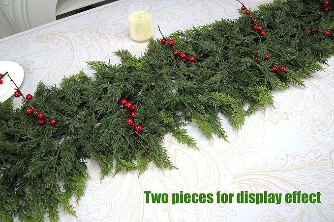 Artificial Cedar Garland, Realistic Green Pine Garland for Indoor & Outdoor Christmas Decorations, Lifelike Cedar Greenery for Mantle, Table, Staircase, and Wall (9FT(2 PCS))