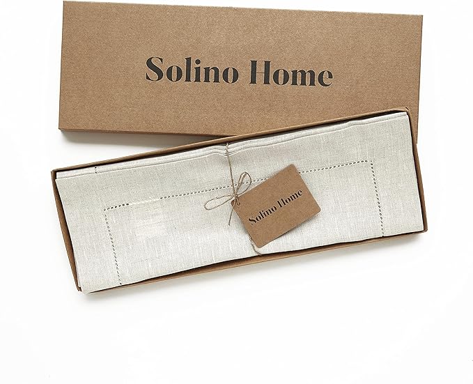 Solino Home Linen Placemats Set of 4 - Classic Hemstitch Light Natural Placemats 14 x 19 Inch - 100% Pure Linen Table Mats for Fall, Autumn, Christmas, Holiday, New Year