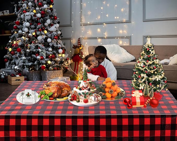 Kesfey 3 Packs Buffalo Check Plaid Table Cloth 54 x 108 Inches Red and Black Gingham Christmas Party Tablecloth Winter Plastic Checkered Tablecover for Dinner Picnic