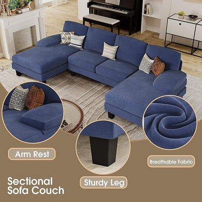 Furmax Sectional Couches for Living Room, U-Shaped Sofa Couch with Linen Fabric, 4 Seat Sofa Set with Double Chaise for Apartment (Loop Yarn, Navy Blue)