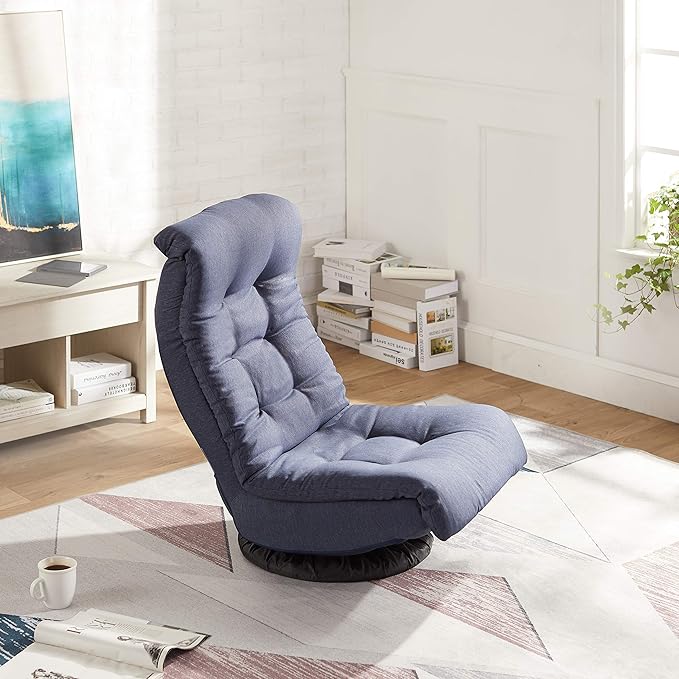 Amazon Basics Swivel Foam Lounge Chair with Headrest, Adjustable Backrest, Floor-Compatible, Foldable, Gaming, 26.3"D x 23.5"W x 13.7"H, Denim Blue