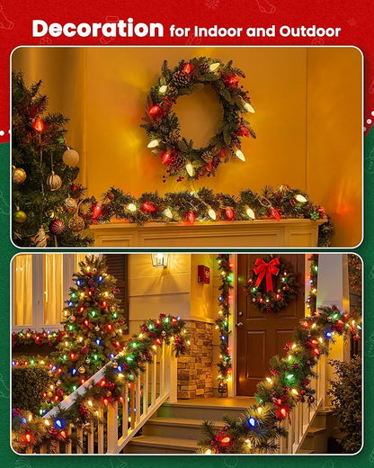 Brightown C9 Light Strand, 25FT White Cord Outdoor String Lights Christmas Stringer with 12" Socket Spacing, C9/E17 Intermediate Base Indoor/Outdoor Stringer Set for Christmas Decor Patio