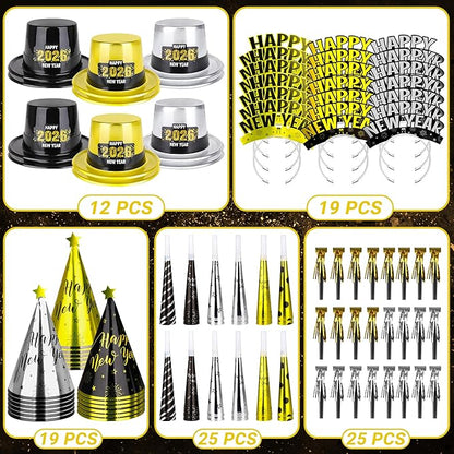 100PCS New Year's Party Supplies for 50 People - Headbands, Plastic Cardboard, 2026 Shiny Cone Hats, Horns, Fringed Blowouts - Gold, Silver, Black