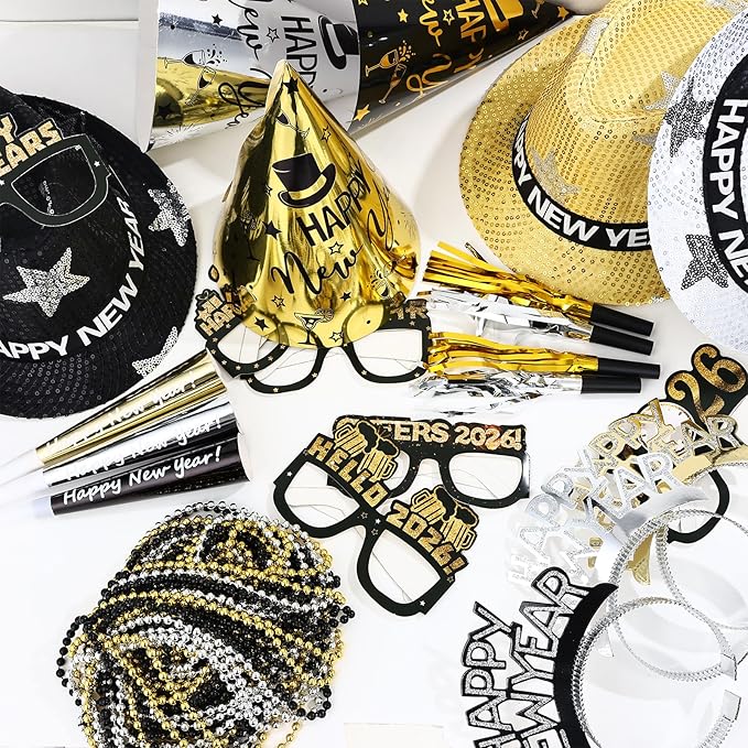 96 Pcs New Year's Eve Party Supplies for 24 Guests, 2026 Happy New Years Decoration with Silver Gold Black Top Hats, Cone Hats, Glitter Tiaras, Beaded Necklace, Squawkers, Noise Makers for Party Decor