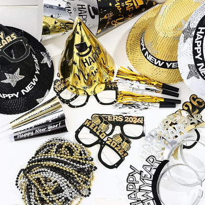 96 Pcs New Year's Eve Party Supplies for 24 Guests, 2026 Happy New Years Decoration with Silver Gold Black Top Hats, Cone Hats, Glitter Tiaras, Beaded Necklace, Squawkers, Noise Makers for Party Decor