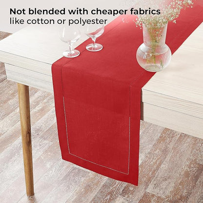 D'Moksha Homes Linen Bright Red Table Runner 90 Inches Long - Classic Hemstitch 100% Pure Linen Dining Table Runner 14 x 90 Inch for Winter, Christmas, Holiday