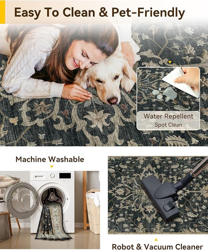 Area Rugs Round 4ft Washable Non-Slip, Floral Vintage Distress Print Pattern Medallion Carpet for Living Room Bedroom Dining Room, Vintage Black Brown Neutral