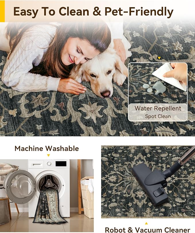 Area Rugs 2'x8' Runner Rug Non Slip Washable for Kitchen Hallway Bedroom Beside Laundry Room Bathroom Rug, Floor Carpet, Vintage Black Brown Neutral