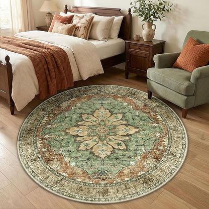 Area Rugs 5ft Washable Non-Slip, Floral Vintage Distress Print Pattern Medallion Carpet for Living Room Bedroom Dining Room, Brick Red Rust Neutral Brown Burnt Orange