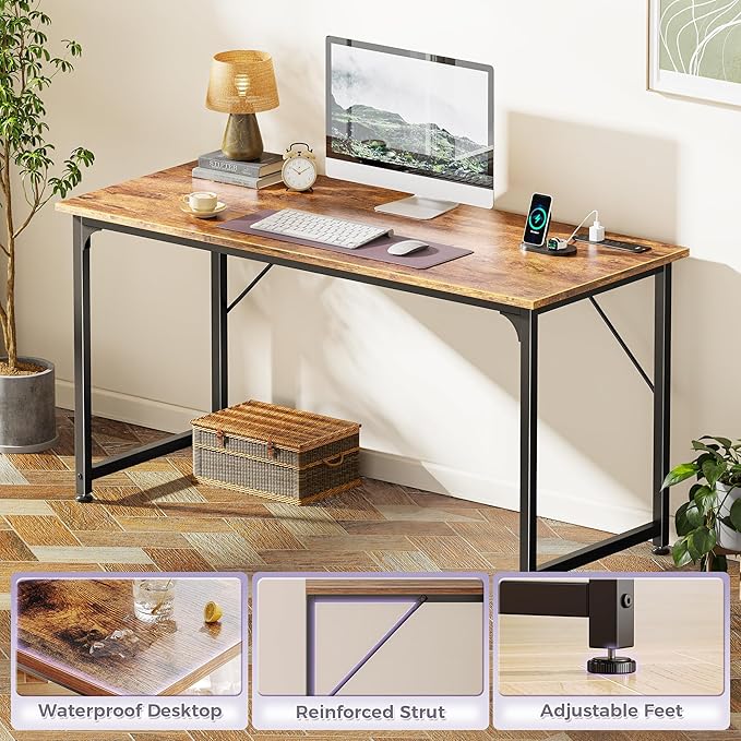 PRAISUN 55 X 20 Inch Office Computer Desk with Power Outlets and USB-C Port, Larger and Longer Gaming Desk, for Home Office, Study, Bedroom, Writing Work from Home Table, Metal Frame, Rustic Brown