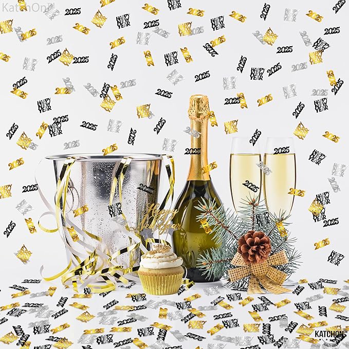 KatchOn, Black, Gold and Silver 2025 Confetti - 1.8 Ounce, Pack of 500 | New Years Confetti | Happy New Year Confetti for New Years Decorations 2025 | New Years Eve Party Supplies 2025